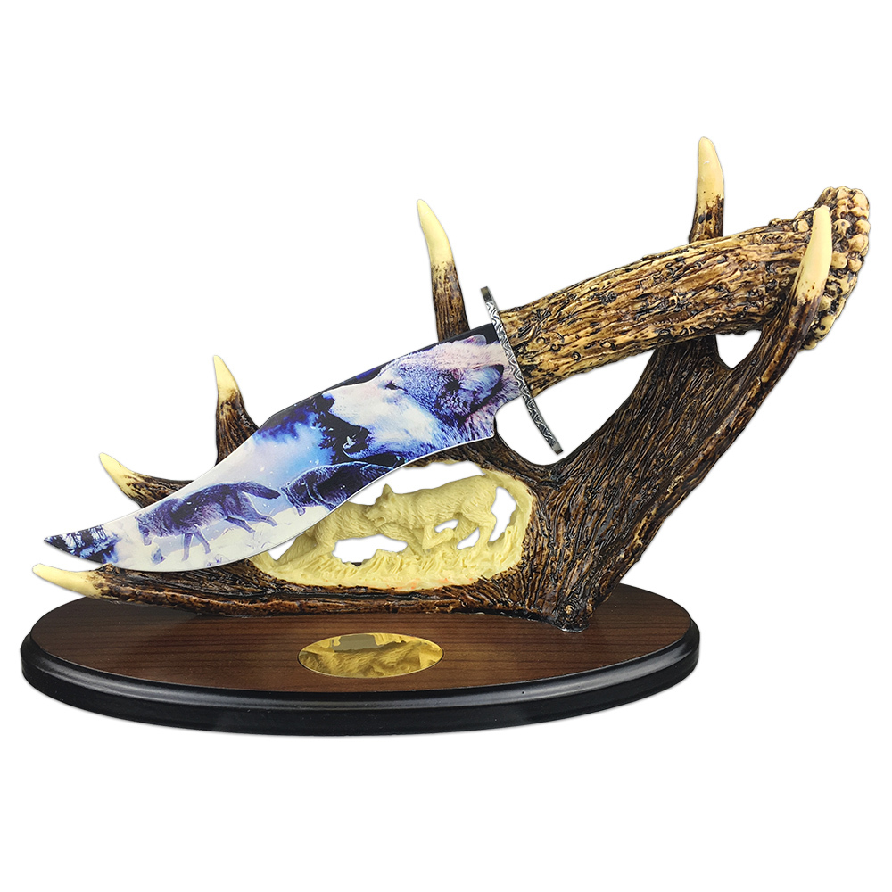 Decorative Wolf Bowie Knife with Faux Stag Horn Display Stand - Unbranded